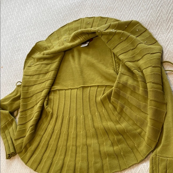 Simon Chang Olive Green Knit Cardigan Sweater Tie Closure Boho Designer Artsy - Picture 12 of 13